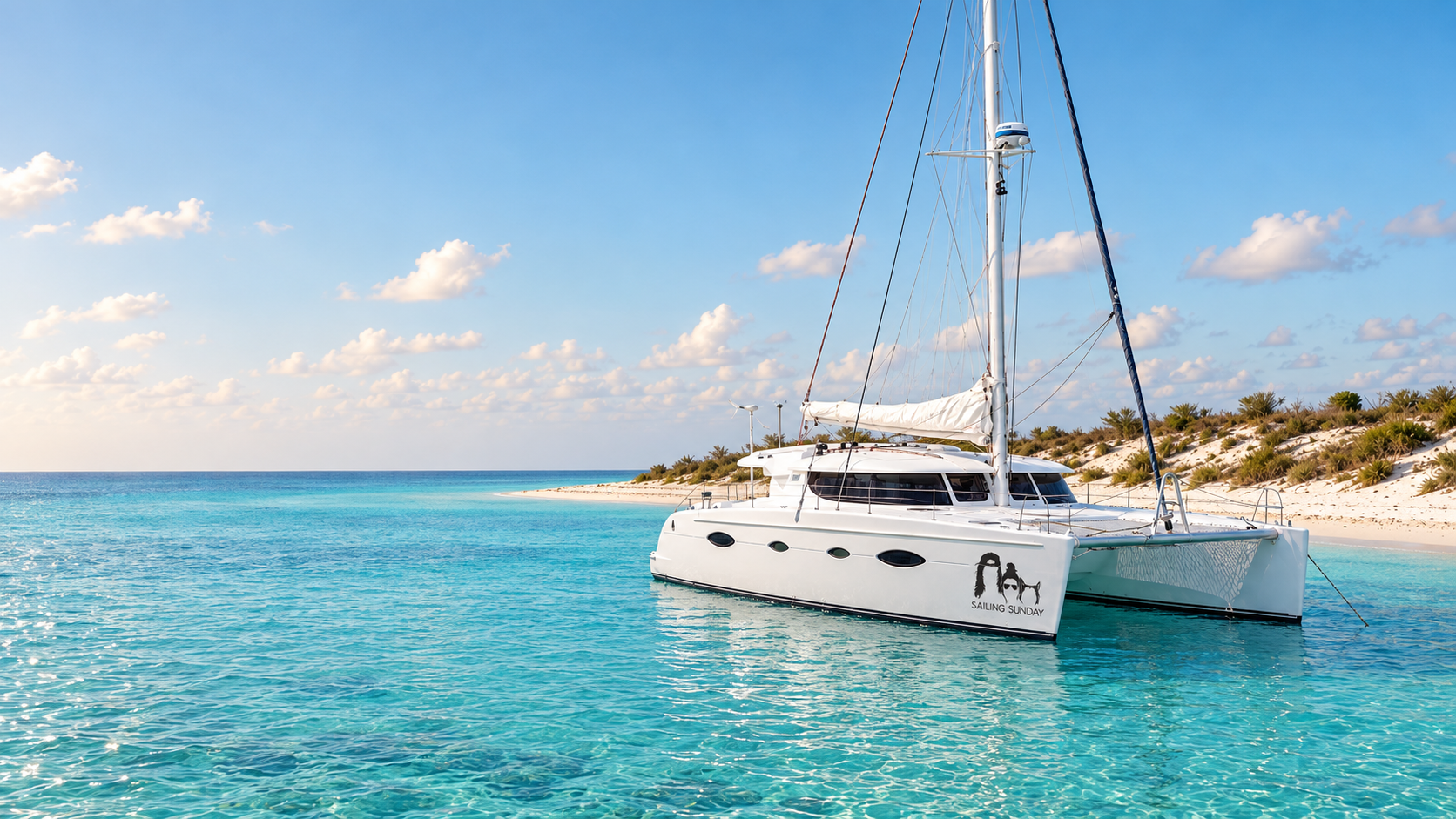 Sailing Sunday catamaran at anchor beside a white-sand beach — composite image